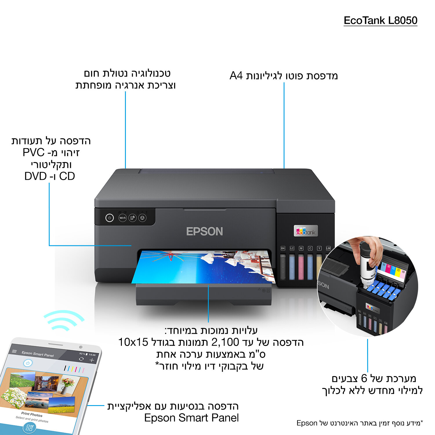 Epson EcoTank Photo L8050 מדפסת צילום 6 צבעים A4