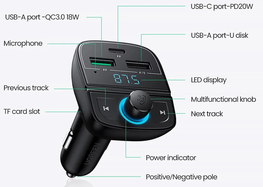 UGREEN Bluetooth FM Transmitter Car Charger QC3.0 Bluetooth 5.0 Dual USB Fast Charger CD229 מתאם בלוטוס