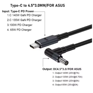 180CM USB Type C to DC Cable 20V 7A 4.5X3.0mm PD 140W for Asus